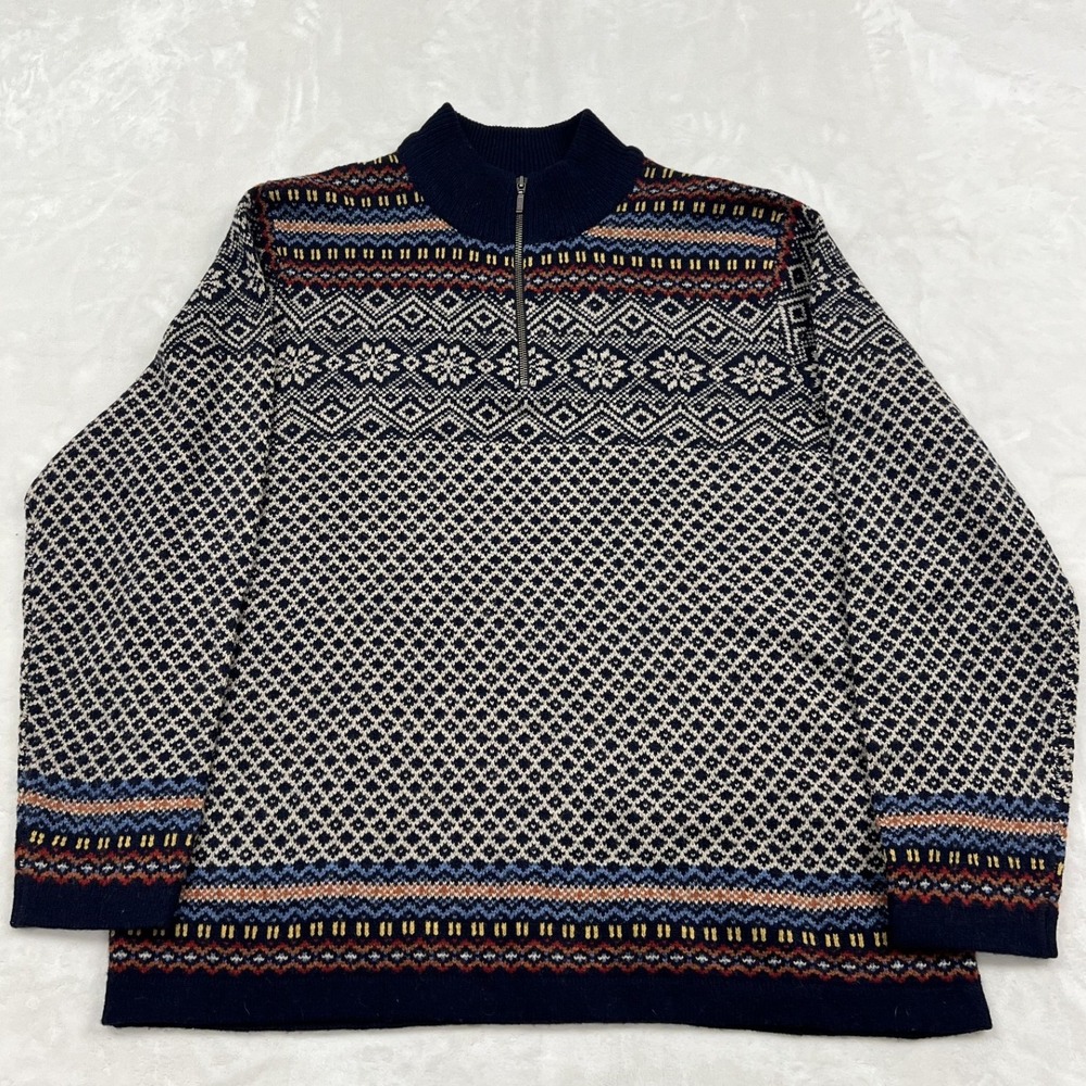 L.L. Bean Sweater Mens XL Navy Blue Lambswool Fair Isle Quarter Zip 0 BHT8